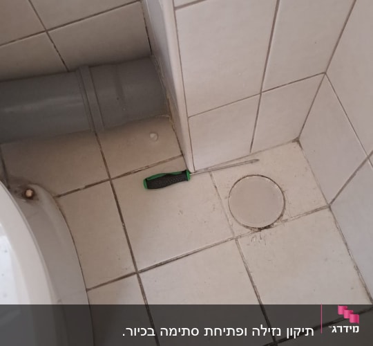 מברג על רצפת אריחים ליד צינור אפור